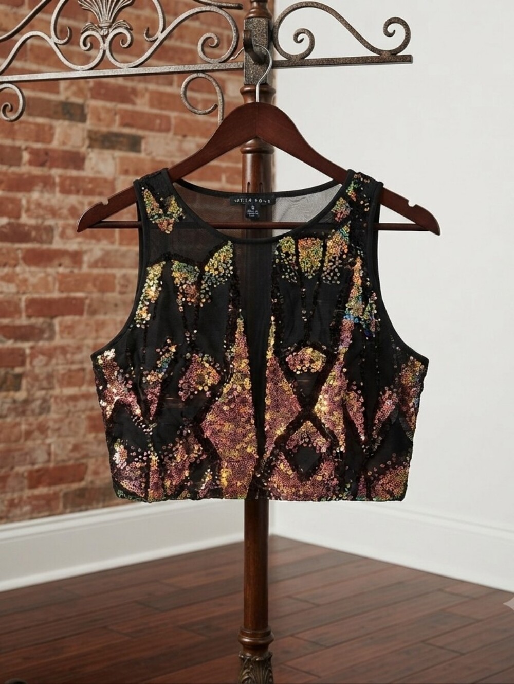 Haute Monde Black Multicolor Sequin Crop Tank